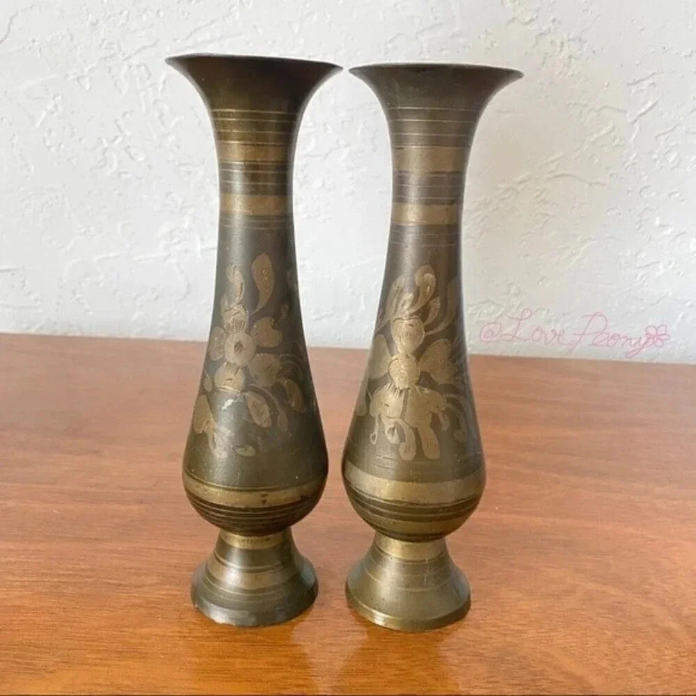 Vintage Indian Engraved Brass Vase Sets
